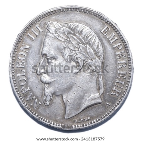 1870 A FRANCE Francais Empereur emperor NAPOLEON III Barre Antique old vintage Silver 5 Franc French Coin obverse front side isolated on white background