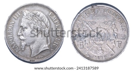 1870 A FRANCE Francais Empereur emperor NAPOLEON III Barre Antique old vintage Silver 5 Franc French Coin obverse front and reverse side isolated on white background