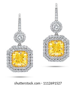 18k White Gold Earrings with Main Fancy Yellow Diamonds surrounded by White Diamonds - Shutterstock ID 1112691527