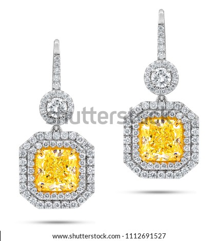 18k White Gold Earrings with Main Fancy Yellow Diamonds surrounded by White Diamonds