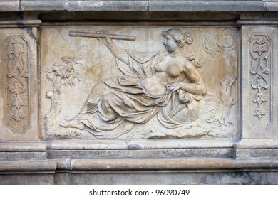 18th Century Bas-relief, Allegory Of Science By Johann Heinrich Meissner On The Historic Tenement House Terrace In The Old Town Of Gdansk, Poland