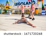 19 FEBRUARY 2020, LEGOLAND DUBAI - Happy family of father and kids in Dubai Legoland at Dubai parks and resorts, Dubai, United Arab Emirates