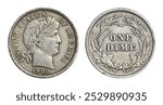 1900 "Barber" silver USA dime with Liberty head on front (obverse) and wreath on back (reverse). Isolated on white. Very Fine (VF) condition. Made in Philadelphia; no mint mark. Minted from 1892-1916.