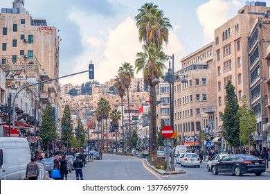 19/02/2019 Amman, Jordan, Dirty Streets Of The Arab Capital With A Lot Of People And Cars On A Sunny Day In Ramadan, Jordan - Image