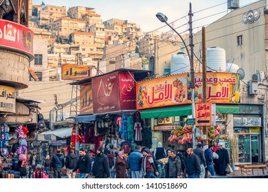 19/02/2019 Amman, Jordan, Dirty Streets Of The Arab Capital With A Lot Of People On The Market In Ramadan