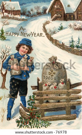 1912 vintage Happy New Year greeting card illustration - (with an arm full and a sleigh full of money).