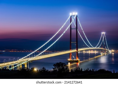 1915 Canakkale Bridge in Canakkale, Turkey. World's longest suspension bridge opened in Turkey. Turkish: 1915 Canakkale Koprusu. Bridge connect the Lapseki to the Gelibolu. - Shutterstock ID 2141272641