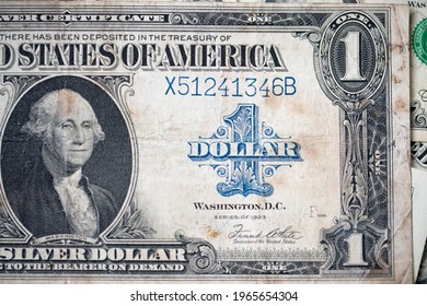 1923 Dollar Banknote Closeup, 1 Dollar Writing In Blue On Silver Dollar Certificate Banknote.