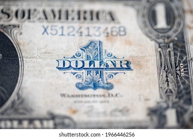 1923 Dollar Banknote Closeup, 1 Dollar Writing In Blue On Silver Dollar Certificate Banknote.