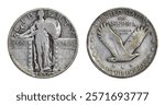 1930-P silver USA quarter dollar (25 cents) coin with standing LIBERTY carrying olive branch and shield on front and flying eagle on back. This basic design minted from 1916-1930. Isolated on white.