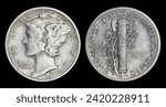 1940-S "Mercury" silver USA dime with winged Liberty head (for "freedom of thought") on front and fasces, ax, olive branch, and "S" mintmark on back. Isolated on black. Very Fine (VF) condition.