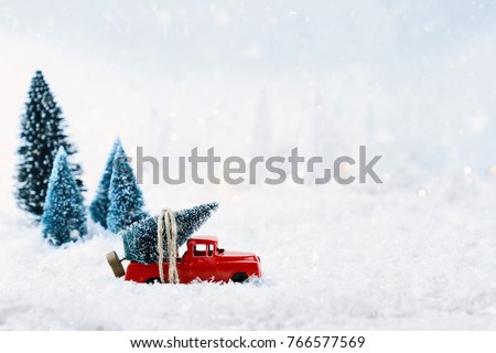 1950's antique vintage red truck hauling a Christmas tree home through a snowy winter wonder land. Extreme shallow depth of field with selective focus on vehicle.