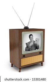 1950's era TV with black and white commercial showing a man pitching a product