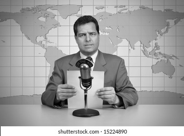 1950's Era TV News Anchor Reading The News