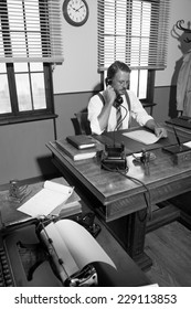 1950s Office: Confident Director On The Phone Working At Desk.