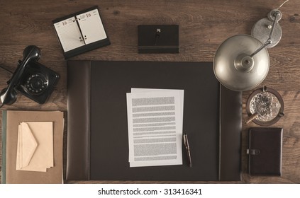 1950s Style Office With A Contract And A Pen, Top View