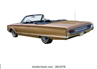 1960s Convertible Car With The Top Down And Facing The Rear Corner, Isolated On White.