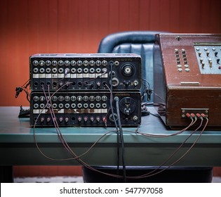 1960s manual telephone switchboard with sockets and cables