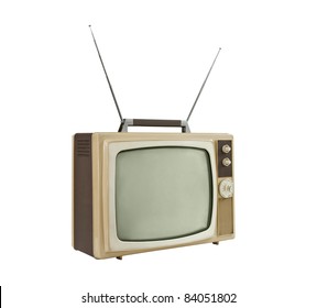 1960's Portable Television With Antennas Up - Side Angle.  Isolated On White.