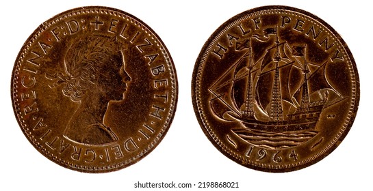 A 1964 English Bronze Halfpenny Featuring The Young Queen Elizabeth II On The Obverse And The Golden Hind Galleon On The Reverse. The Coin Was Issued From 1954 To 1970. Numismatic Concept.