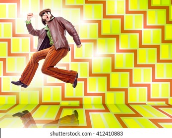 1970s Vintage Man Dance With Green Texture Background