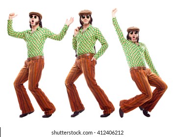 1970s vintage man with green dress dance composition set isolated on white - Shutterstock ID 412406212