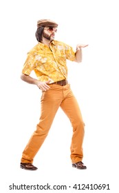 1970s Vintage Man With Orange Dress Dance Isolated On White