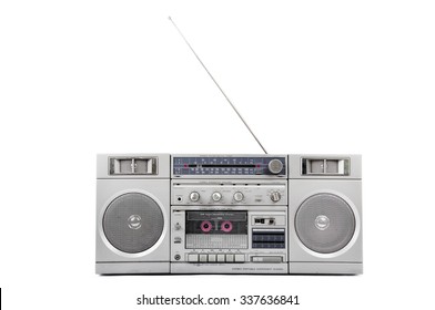 1980s Silver Radio Boom Box With Antenna Up Isolated On White. Front