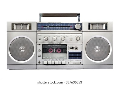 1980s Silver Radio Boom Box With Cassette Isolated On White Background