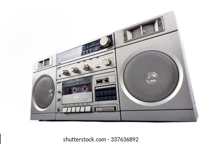 1980s Silver Radio Boom Box Isolated On White Background