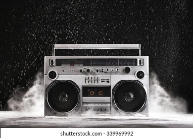 1980s Silver Retro ghetto blaster and dust isolated on black background with clipping path - Shutterstock ID 339969992