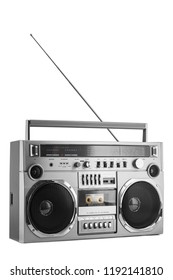 1980s Silver Retro Radio Boom Box With Antenna Up Isolated On White Background.