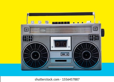 1980s Silver Retro Radio Boom Box On Color Background.