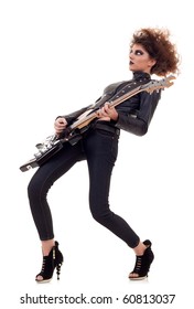 1980s woman playing electric guitar over white background