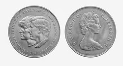 1981 Prince Charles And Diana Royal Wedding Silver Crown Coin. Front And Reverse Isolated On White Background. Issued By The Royal Mint, The Last Commemorative Crown With A Face Value Of 25p.