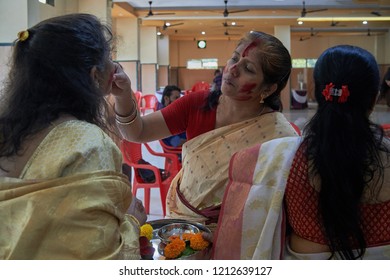 19-Oct-2018 Sindoor Khela (Amitayu) The Last Ritual For Bengali Married Women On Bijoya Dasami, Durga Puja Lok Gram Kalyan Maharashtra INDIA India