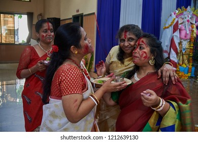 19-Oct-2018 Sindoor Khela (Amitayu) The Last Ritual For Bengali Married Women On Bijoya Dasami, Durga Puja Lok Gram Kalyan Maharashtra INDIA India