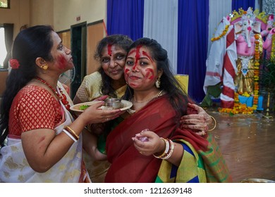 19-Oct-2018 Sindoor Khela (Amitayu) The Last Ritual For Bengali Married Women On Bijoya Dasami, Durga Puja Lok Gram Kalyan Maharashtra INDIA India