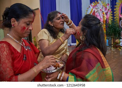 19-Oct-2018 Sindoor Khela (Amitayu) The Last Ritual For Bengali Married Women On Bijoya Dasami, Durga Puja Lok Gram Kalyan Maharashtra INDIA India