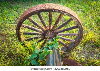 19th c Wooden Wagon Wheel with Rusted Iron Tire