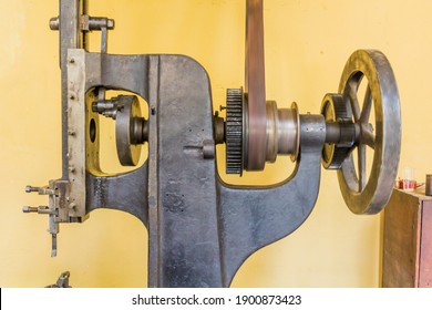 19th Century Factory Machine Powered By The Line Shafts And Belts.