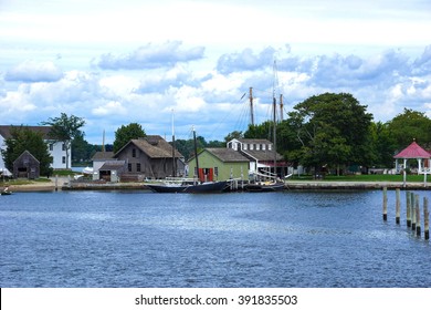 19th century sailing ships and riverside wharfs  along the Thames river, of Old Mystic Seaport, Connecticut