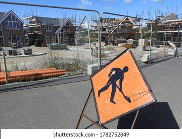 19th July 2020, County Meath, Ireland.   A Men At Work Sign Outside A Housing Construction Site In Mornington During The Covid 19 Pandemic.  