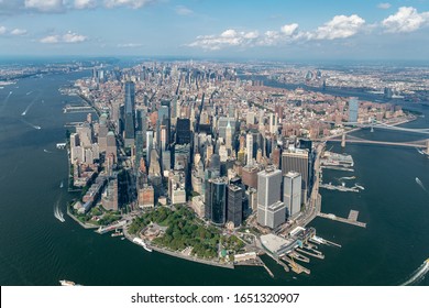 19th Septeber 2018 - New York, USA - Aerial Photograph One World Trade Center And Manhatten Island During A Sunny Day