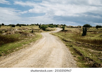 1A winding dirt road cuts through a barren landscape under a partly cloudy sky. Sparse vegetation and low-lying shrubs dot the rugged terrain, with distant hills in the background. The road invites  - Powered by Shutterstock