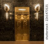 1x1 crop of elevator in vintage art deco building with marble walls, golden sconces and detailed doors