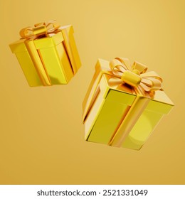 2 3d gold giftboxes on yellow background