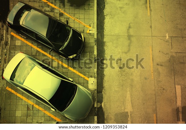2 cars parking lots, aerial view or top view,\
Parking lot for sky-train, 