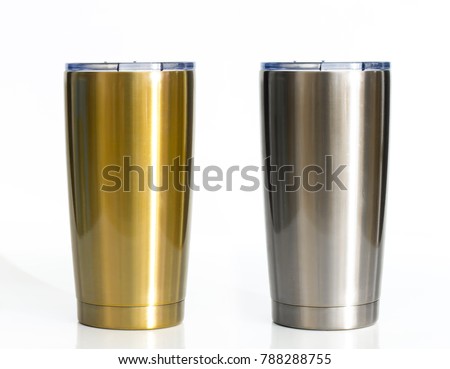 2 Cup cold storage. Tumbler glass cold store. Stainless steel thermos tumbler mug on white background.