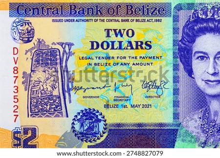 2 Dollars Belize with a portrait of Queen Elizabeth II. Money of Belize. Money of the colonies of Great Britain.